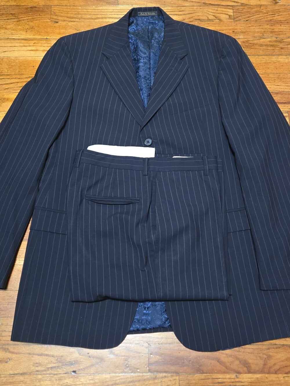 VTG Tommy Hilfiger 3 Buttons 42L 34x30 Blue Pinstripe 2pc Suit Wool Flat Front